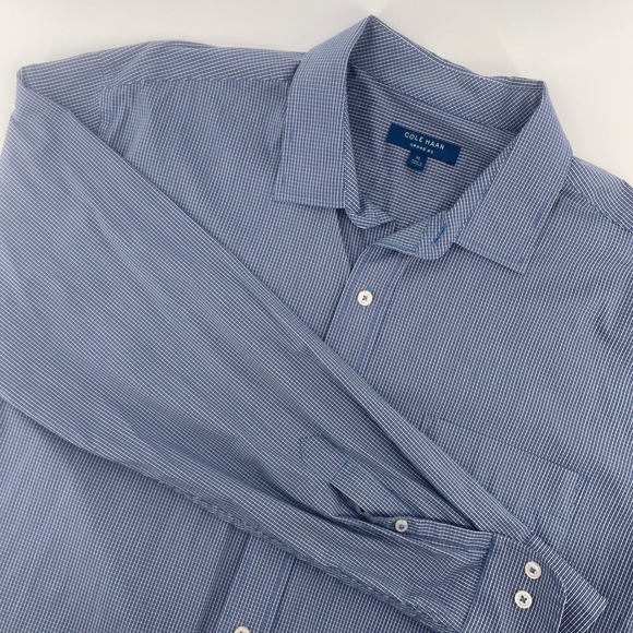 Cole Haan Grand.OS Dress Shirt Stretch‎ Button Up Blue Check XL - Picture 1 of 7